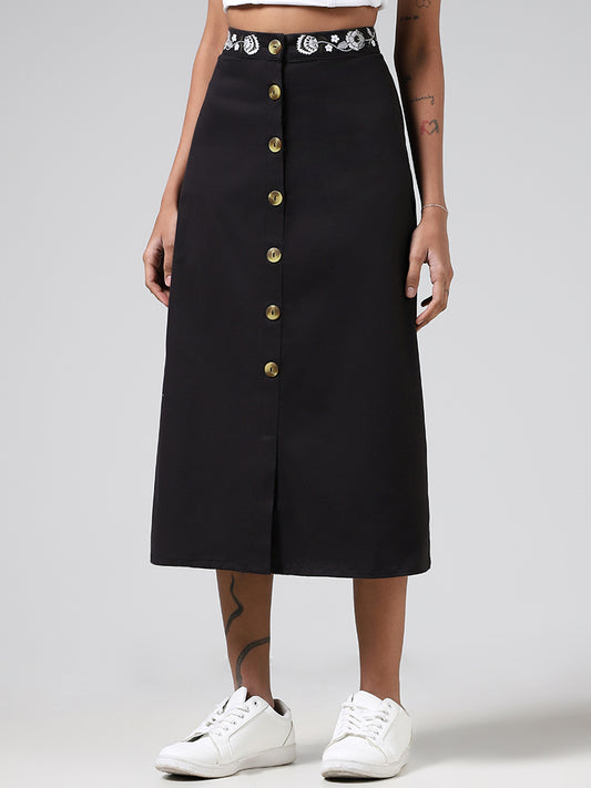 Bombay Paisley Black Embroidered Waistline Cotton Button-Down Skirt