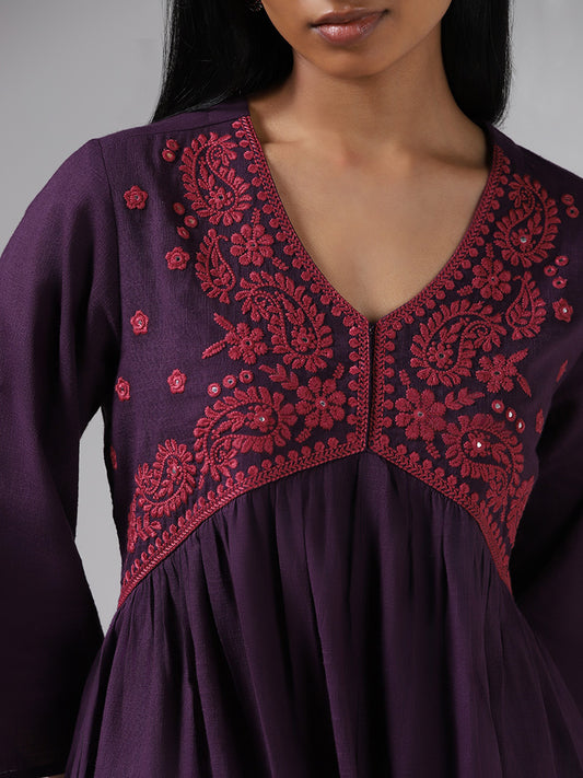 Utsa Purple Floral Embroidered Cotton Kurta