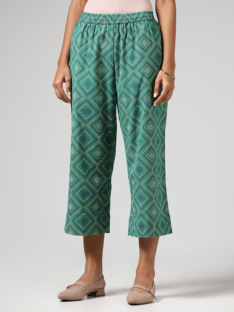 Utsa Aqua Green Geometric Printed Pants