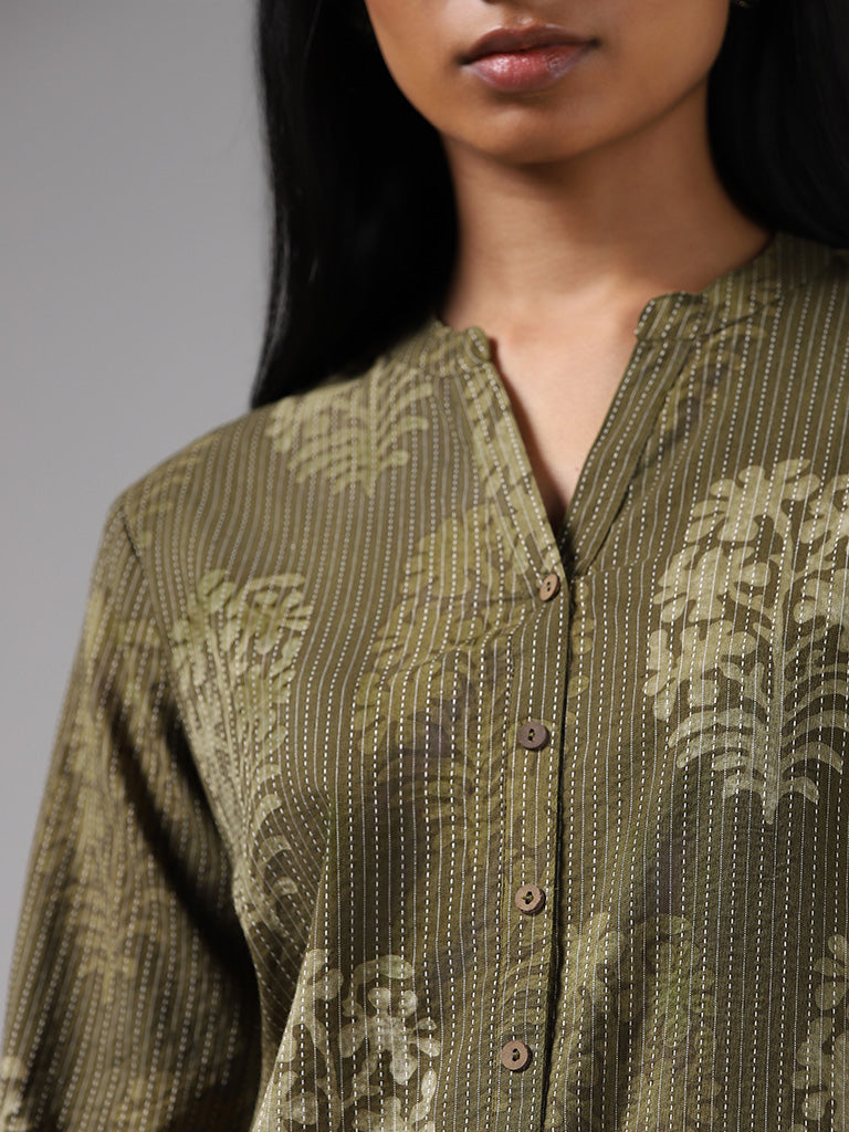 Utsa Dark Olive Leaf Printed and Kantha Embroidered Cotton Blend Straight Kurta