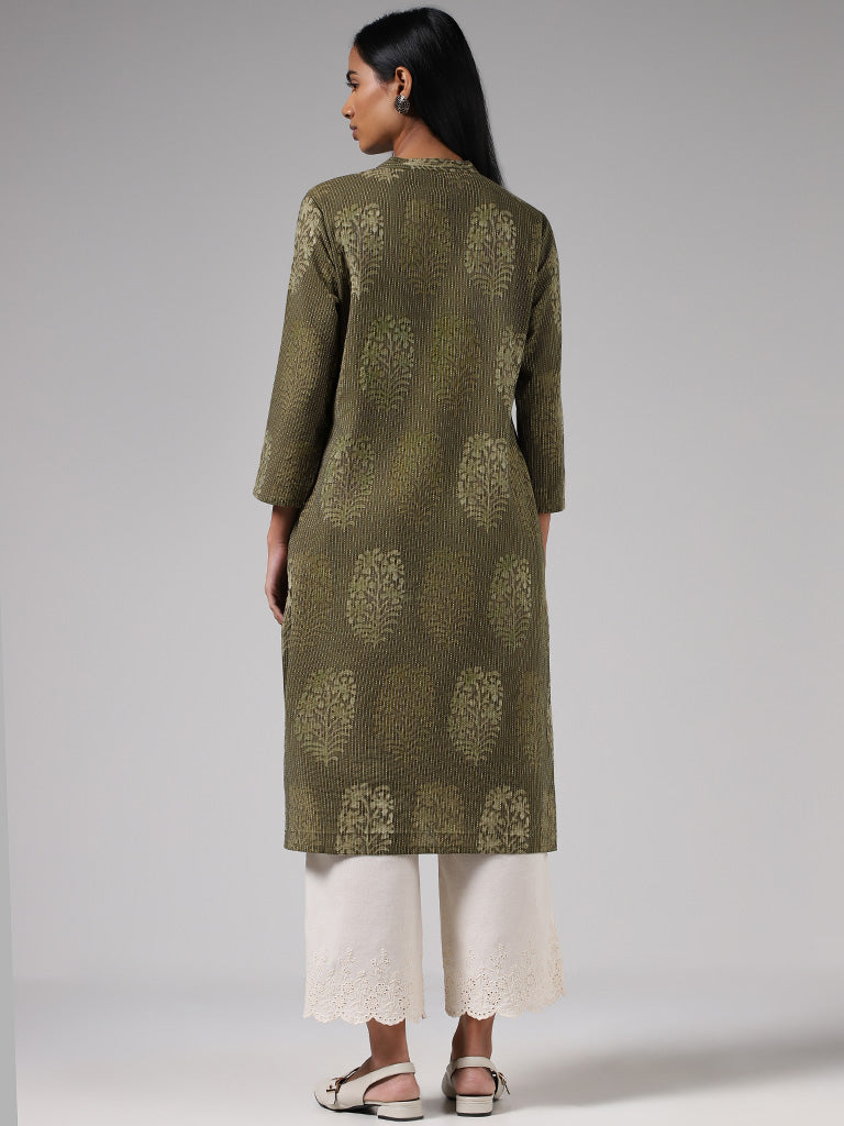 Utsa Dark Olive Leaf Printed and Kantha Embroidered Cotton Blend Straight Kurta