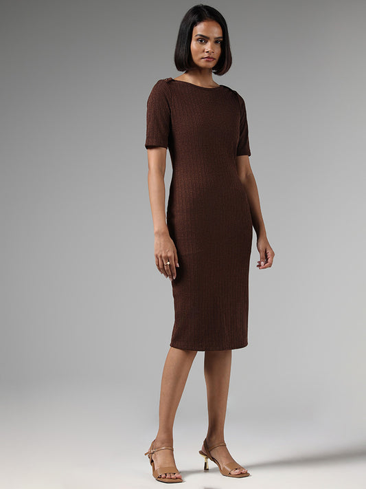 Wardrobe Brown Ribbed Pencil Fit Dress