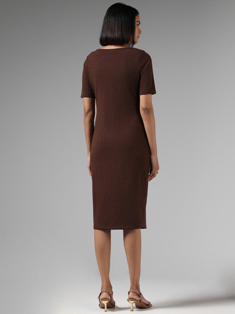 Wardrobe Brown Ribbed Pencil Fit Dress