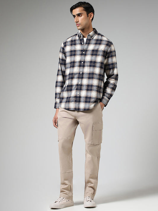 WES Casuals Navy Plaid Checked Cotton Relaxed-Fit Shirt