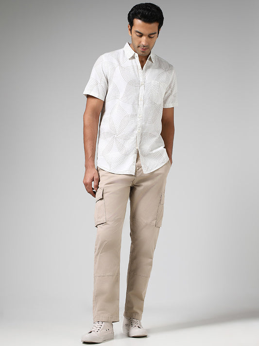 WES Casuals Off White Printed Slim Fit Blended Linen Shirt