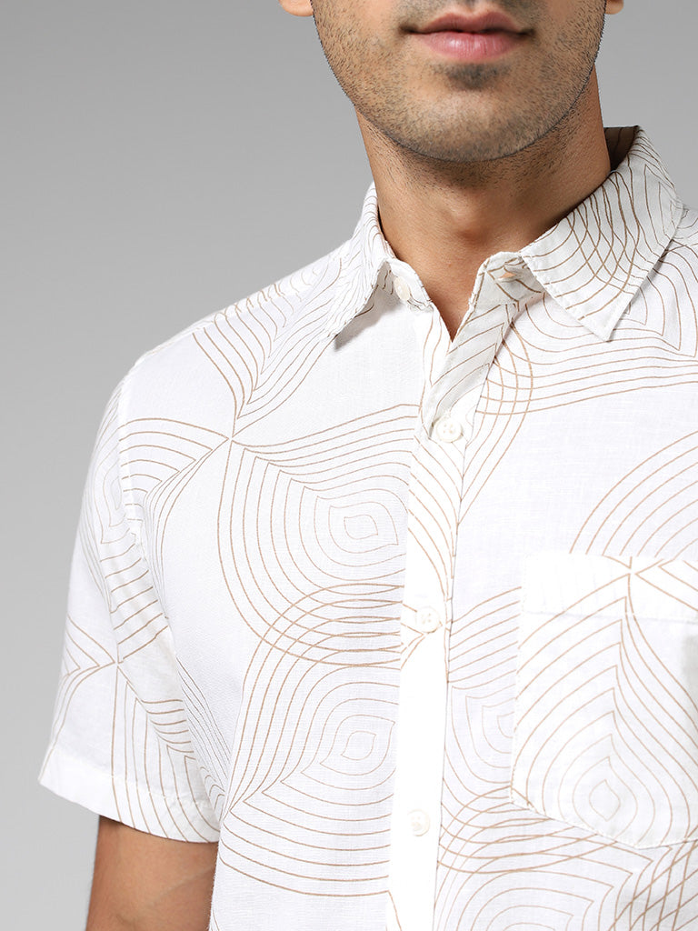 WES Casuals Off White Printed Slim Fit Blended Linen Shirt