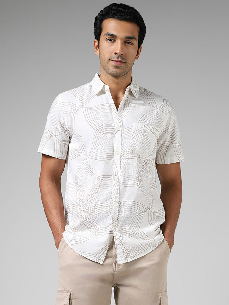 WES Casuals Off White Printed Slim Fit Blended Linen Shirt