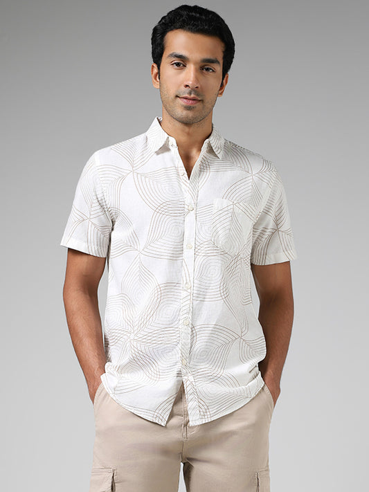 WES Casuals Off White Printed Slim Fit Shirt