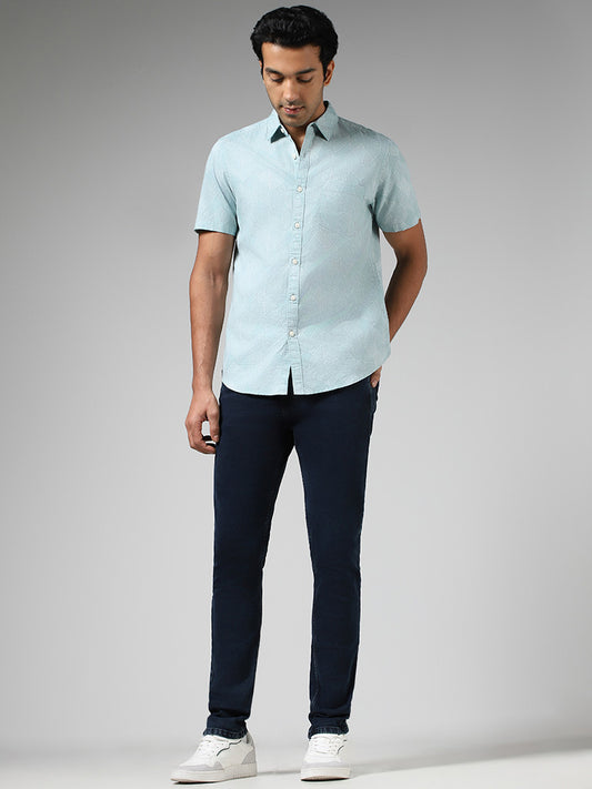 WES Casuals Sage Printed Slim Fit Blended Linen Shirt