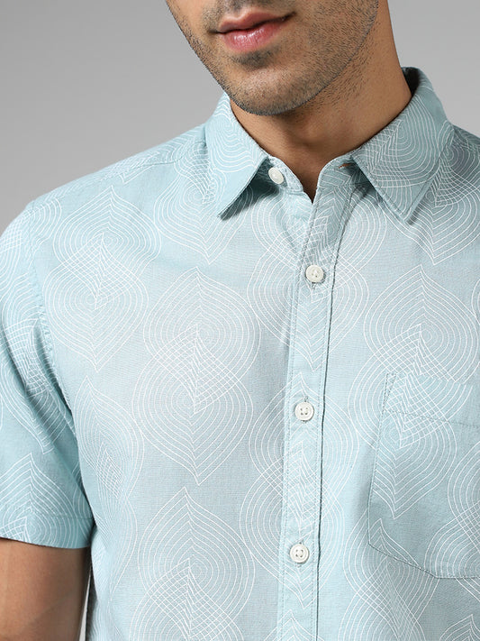 WES Casuals Sage Printed Slim Fit Blended Linen Shirt