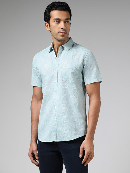 WES Casuals Sage Printed Slim Fit Blended Linen Shirt