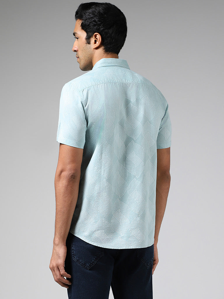 WES Casuals Sage Printed Slim Fit Blended Linen Shirt