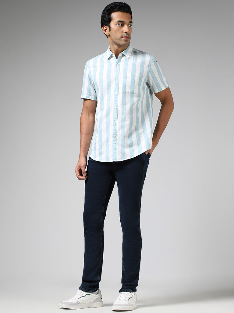 WES Casuals Aqua Striped Slim Fit Blended Linen Shirt