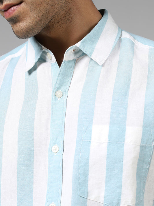 WES Casuals Aqua Striped Slim-Fit Blended Linen Shirt