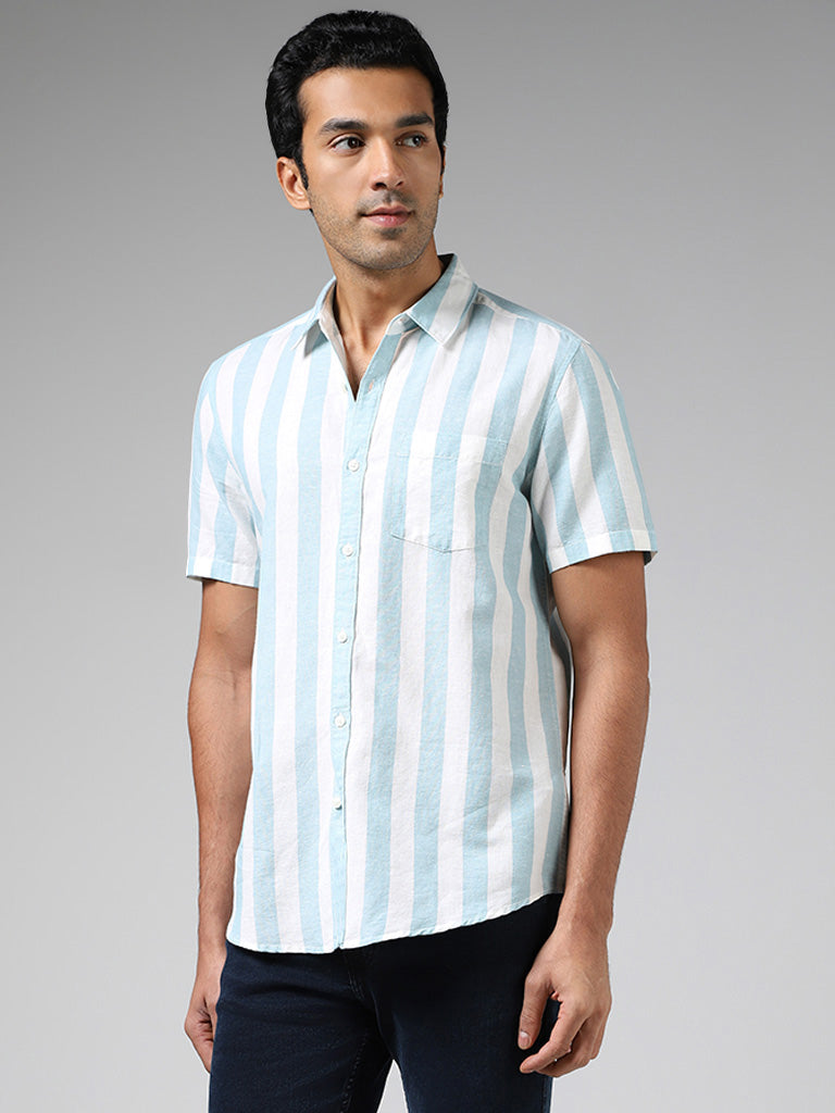 WES Casuals Aqua Striped Slim Fit Blended Linen Shirt