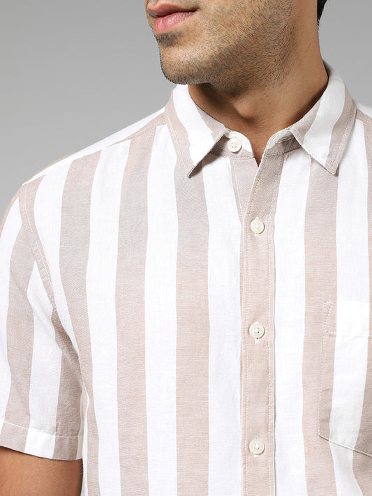 WES Casuals Beige Striped Slim Fit Blended Linen Shirt