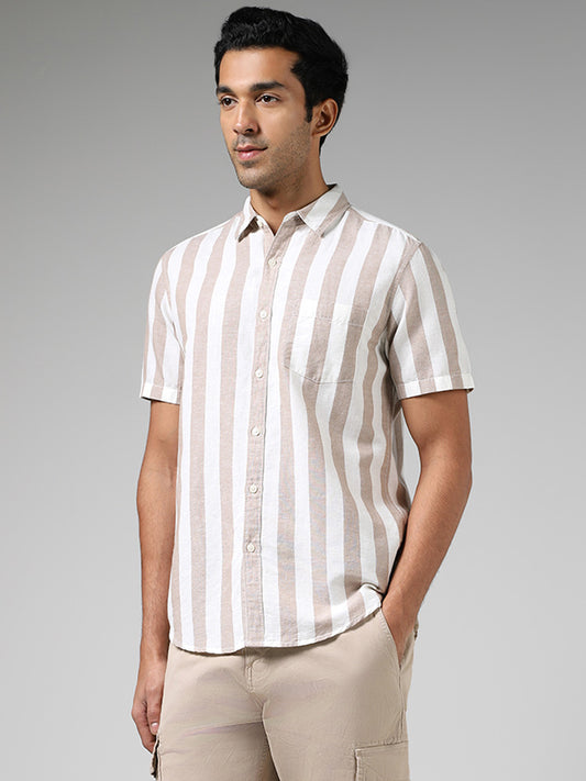 WES Casuals Beige Striped Slim Fit Blended Linen Shirt