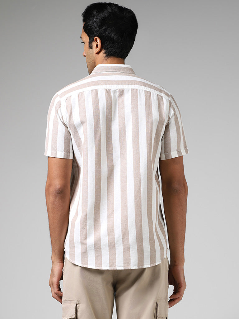 WES Casuals Beige Striped Slim Fit Blended Linen Shirt