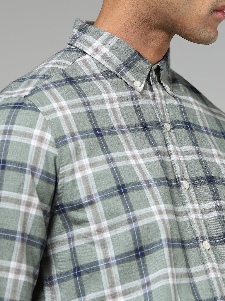 WES Casuals Sage Green Plaid Checked Relaxed Fit Shirt