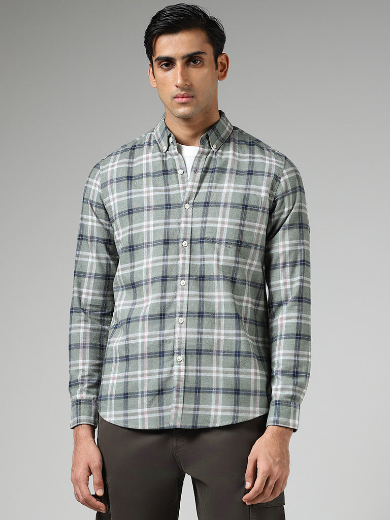 WES Casuals Sage Green Plaid Checked Cotton Relaxed Fit Shirt