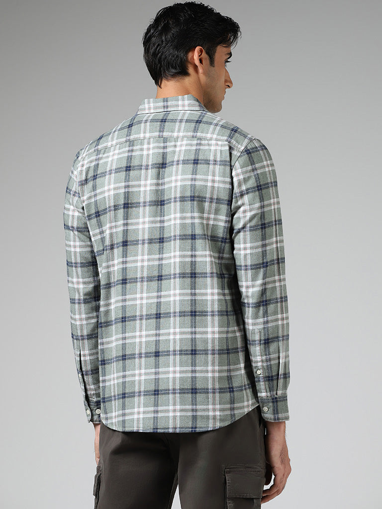 WES Casuals Sage Green Plaid Checked Relaxed Fit Shirt