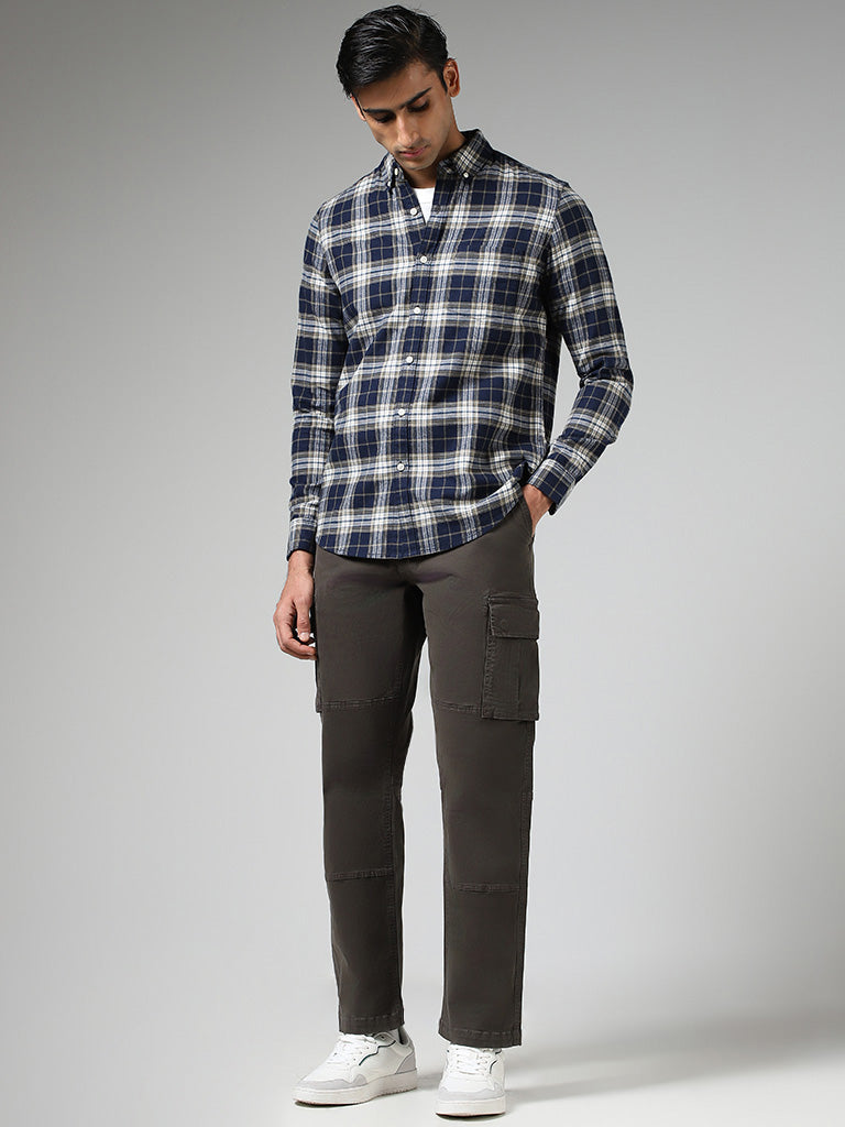 WES Casuals Navy Plaid Checked Relaxed Fit Shirt