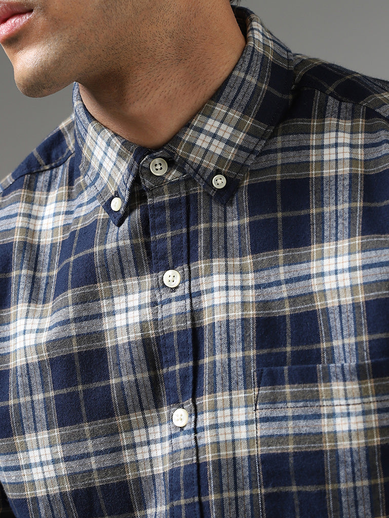 WES Casuals Navy Plaid Checked Cotton Relaxed Fit Shirt
