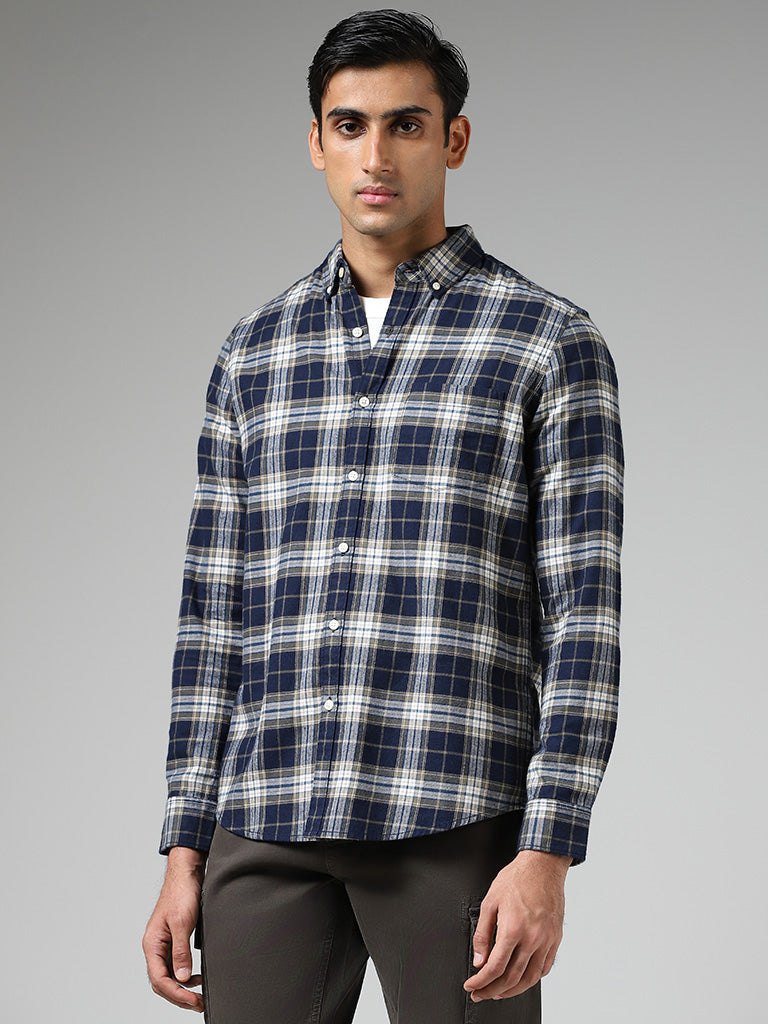 WES Casuals Navy Plaid Checked Relaxed Fit Shirt