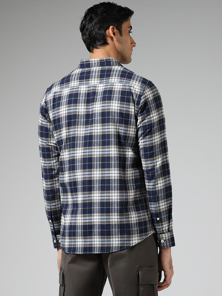 WES Casuals Navy Plaid Checked Cotton Relaxed Fit Shirt
