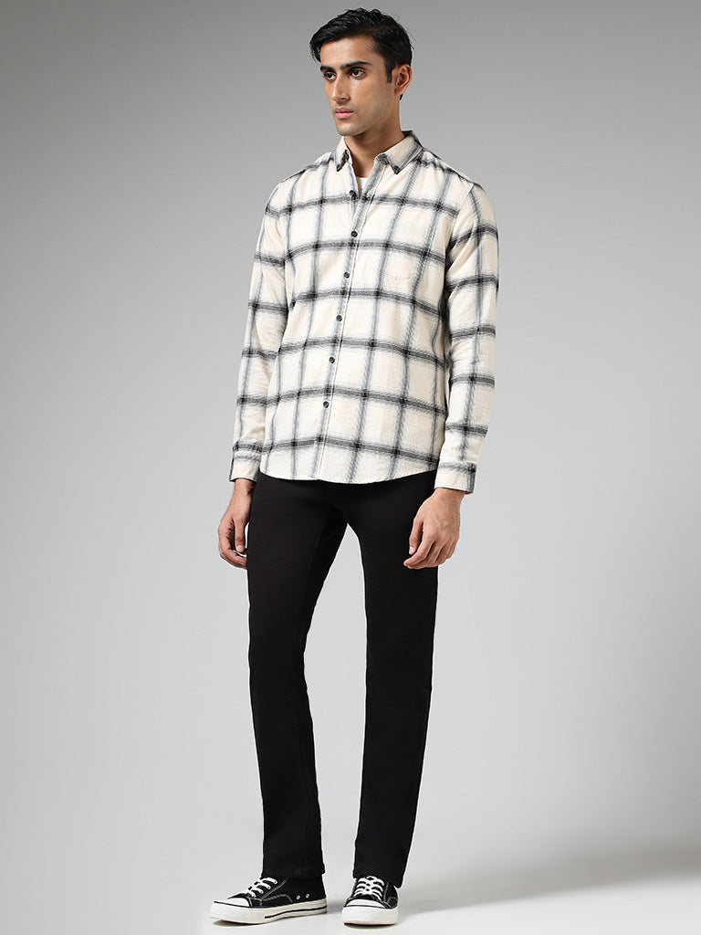 WES Casuals Off White Plaid Checked Cotton Relaxed Fit Shirt