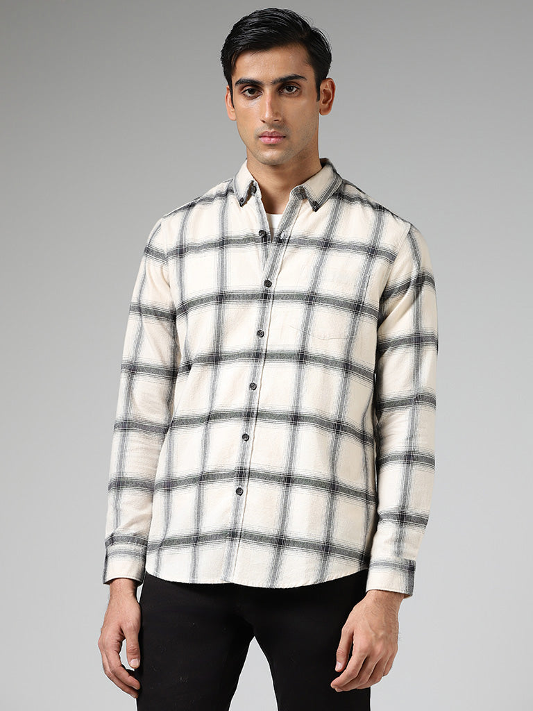 WES Casuals Off White Plaid Checked Cotton Relaxed Fit Shirt