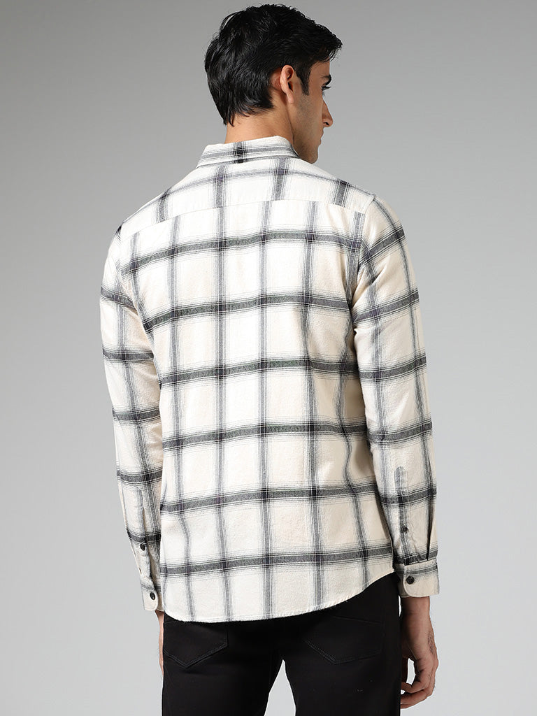 WES Casuals Off White Plaid Checked Relaxed Fit Shirt