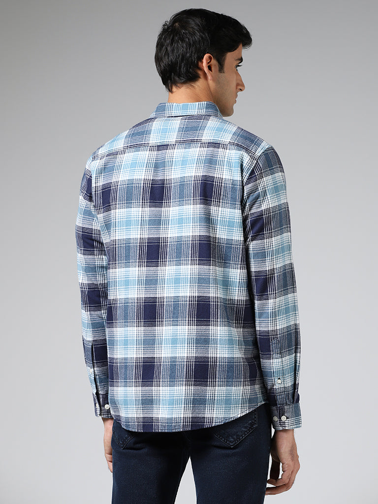 WES Casuals Blue Plaid Checked Slim Fit Shirt