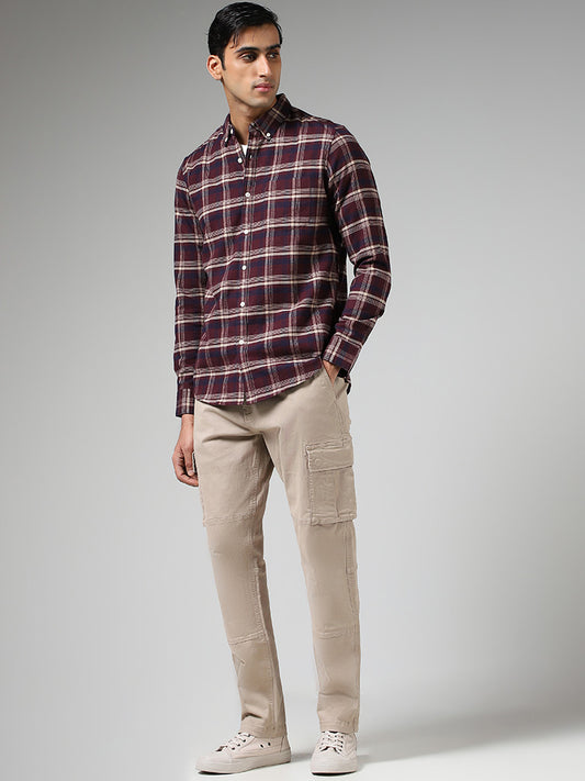 WES Casuals Wine Checked Relaxed Fit Shirt