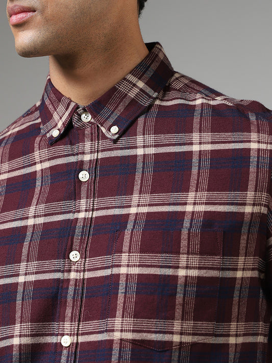WES Casuals Wine Checked Relaxed Fit Shirt