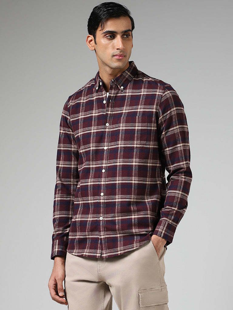 WES Casuals Wine Checked Cotton Relaxed Fit Shirt