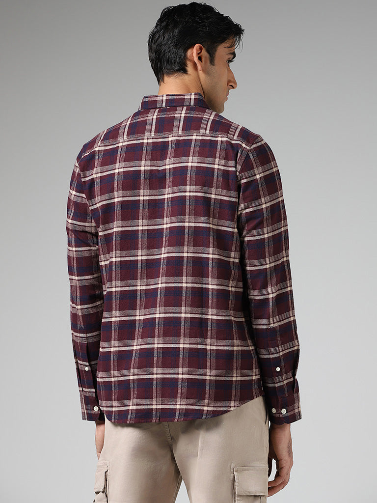 WES Casuals Wine Checked Cotton Relaxed Fit Shirt