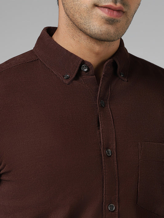 WES Casuals Brown Self Striped Slim Fit Corduroy Shirt