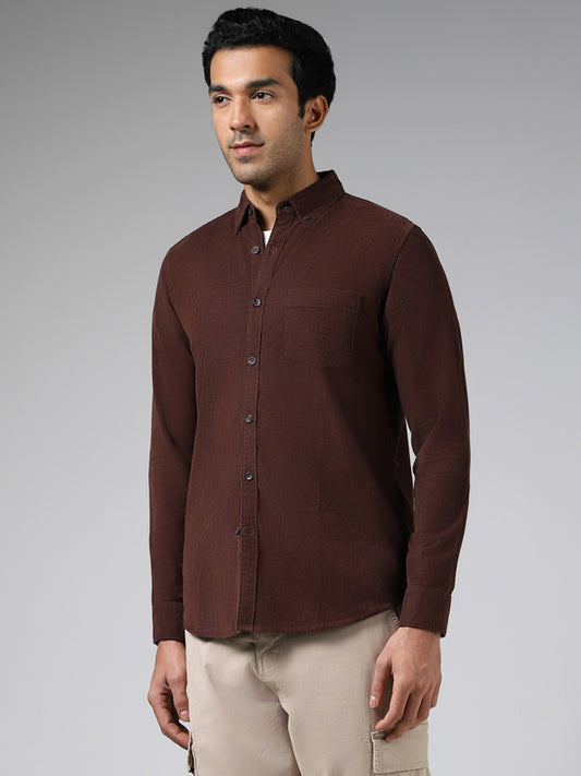 WES Casuals Brown Self Striped Cotton Slim Fit Corduroy Shirt