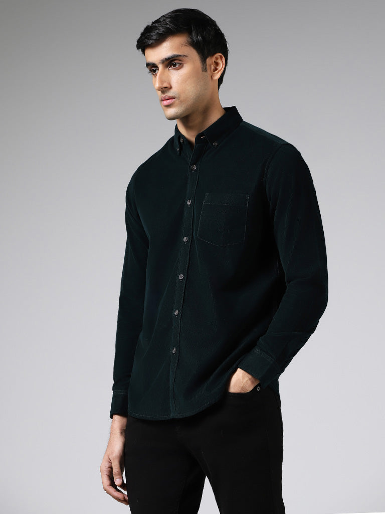 WES Casuals Emerald Green Slim Fit Corduroy Shirt