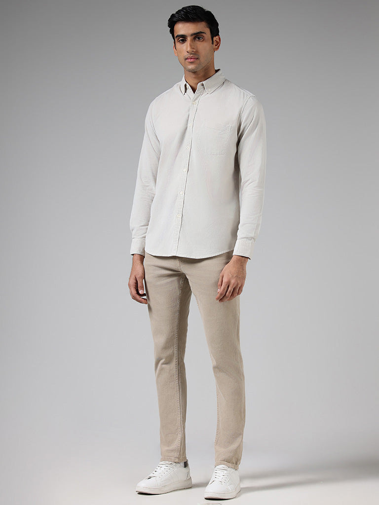 WES Casuals Solid Cream Slim Fit Shirt