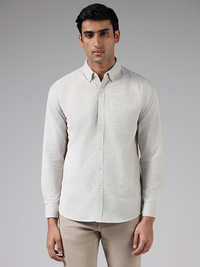WES Casuals Solid Cream Cotton Slim Fit Shirt