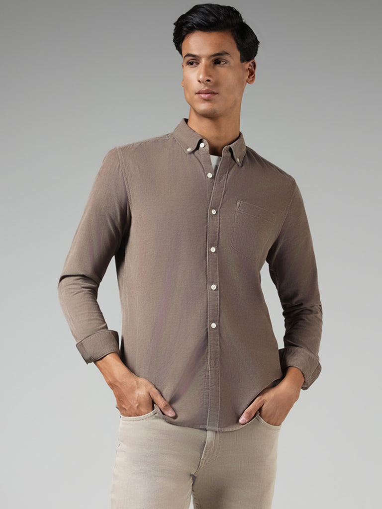 WES Casuals Solid Brown Corduroy Slim Fit Shirt