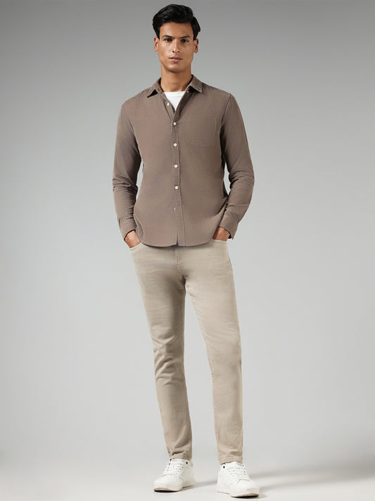 WES Casuals Solid Light Brown Corduroy Cotton Slim-Fit Shirt