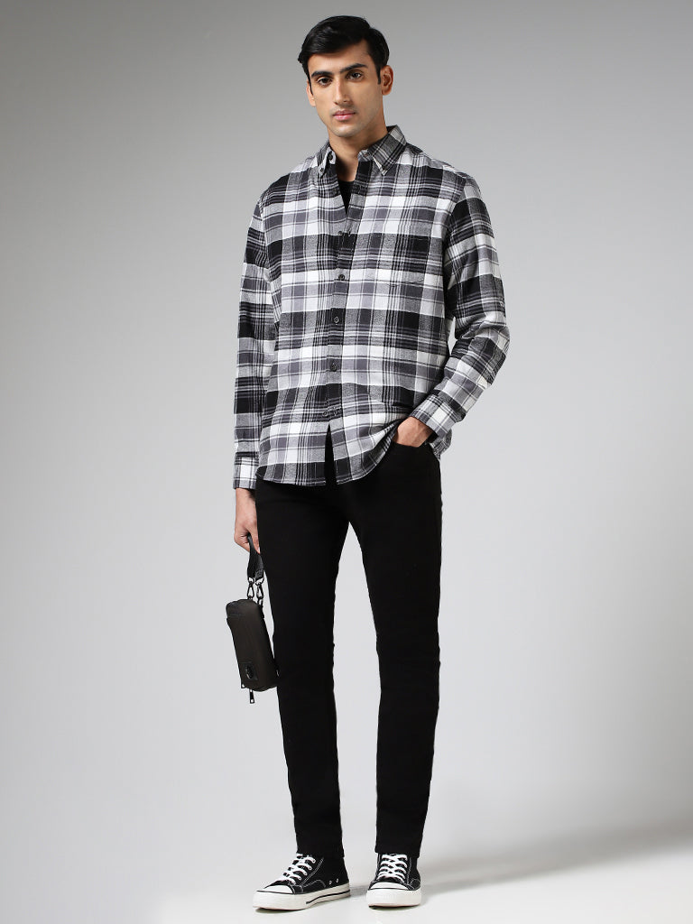 WES Casuals Black Plaid Checked Relaxed Fit Shirt