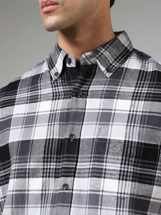 WES Casuals Black Plaid Checked Cotton Relaxed Fit Shirt