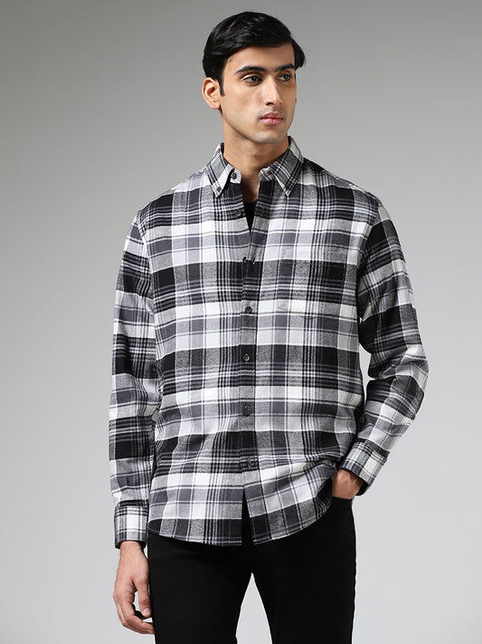 WES Casuals Black Plaid Checked Cotton Relaxed-Fit Shirt