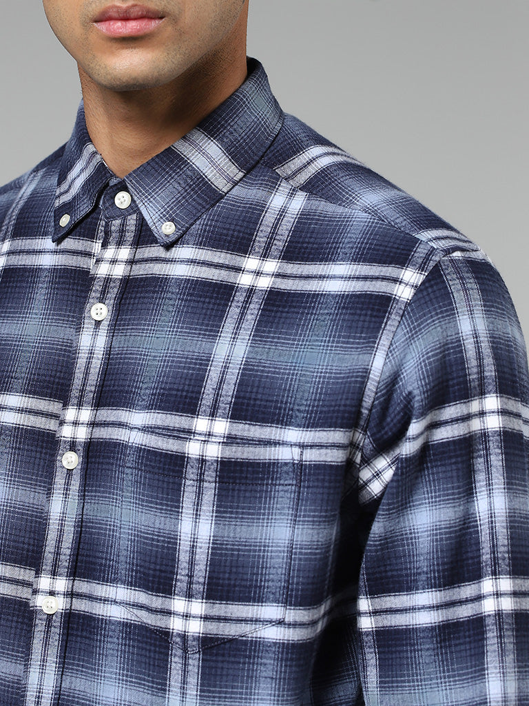 WES Casuals Blue Checked Relaxed Fit Shirt
