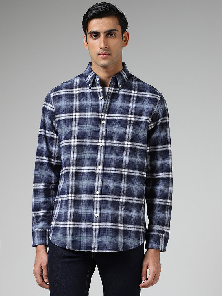 WES Casuals Blue Checked Relaxed Fit Shirt