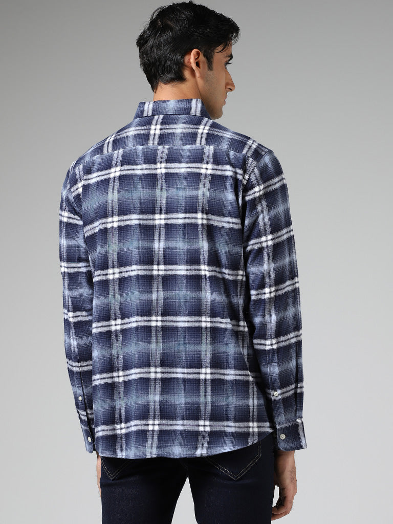 WES Casuals Blue Checked Cotton Relaxed Fit Shirt